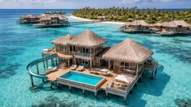 An overwater villa with its own pool on a turquoise lagoon