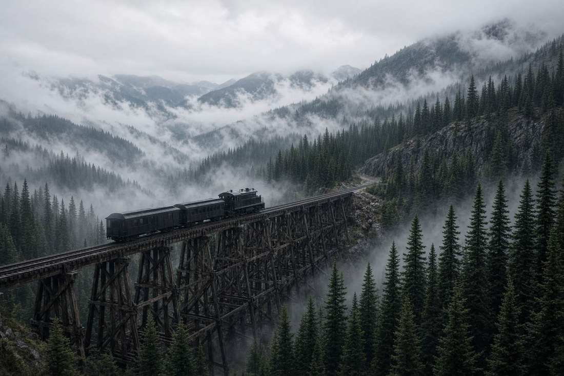 A train crossing a wooden trestle above a misty spruce valley