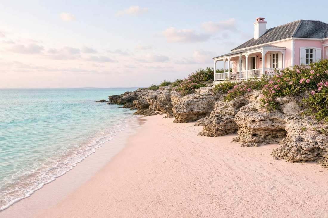 Pink sand curving toward a pastel cottage and clear water