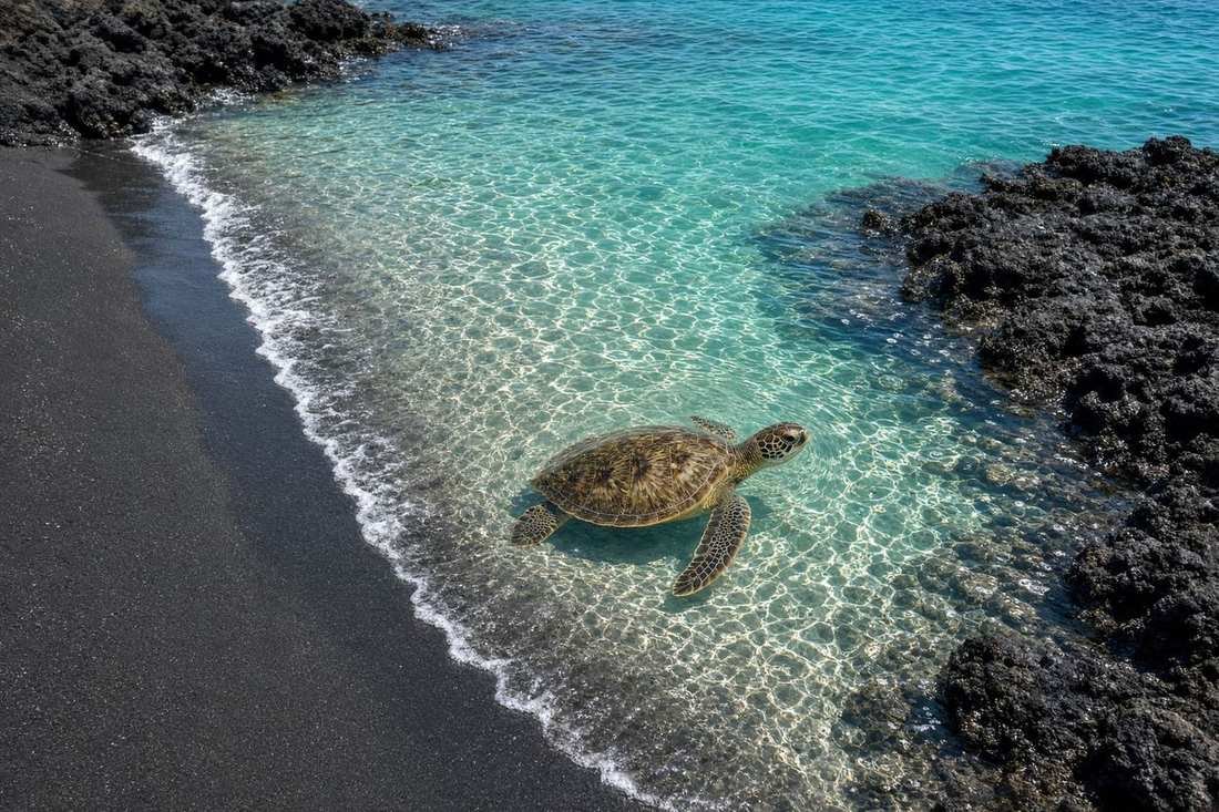 A green sea turtle in clear water beside a black-sand beach