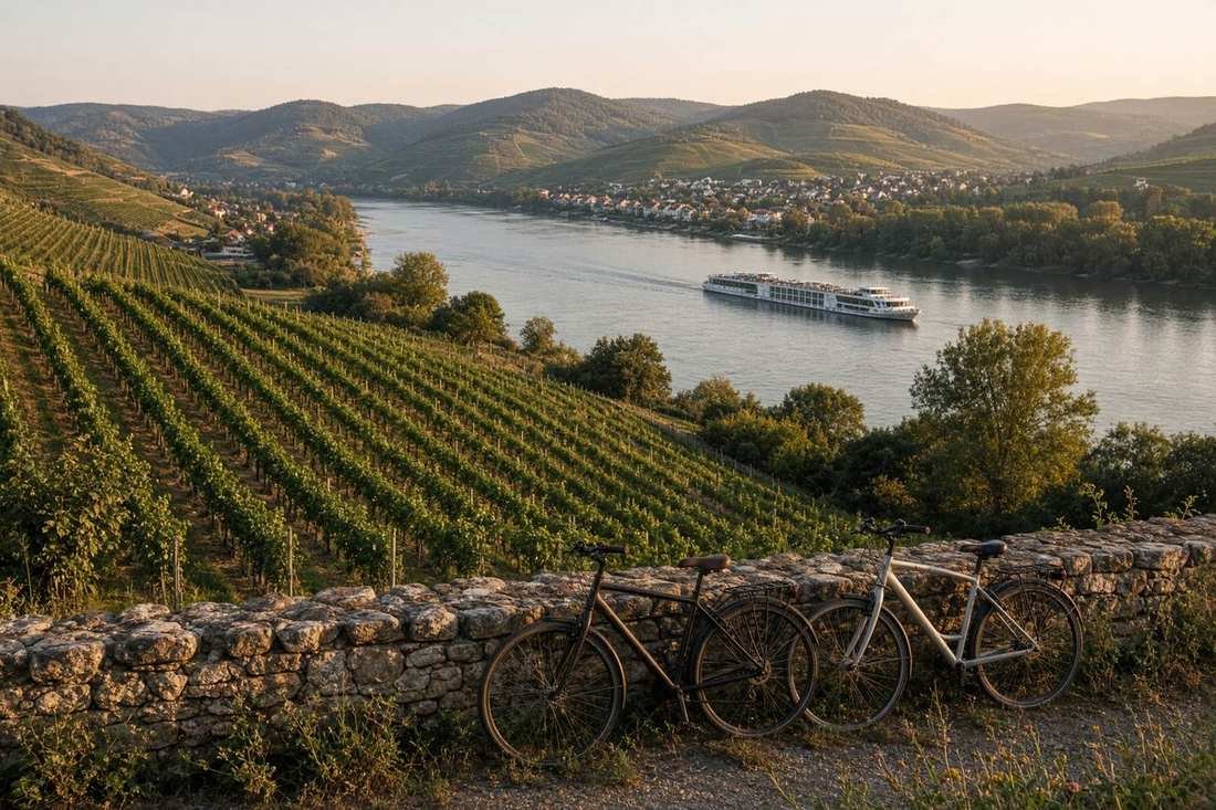 Vineyards above a river with a village on the bank