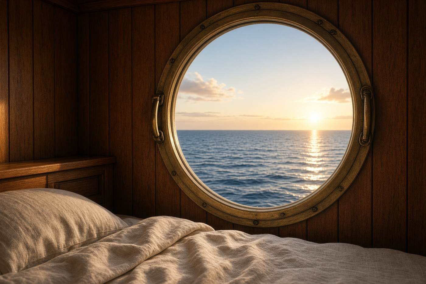 A round porthole framing open ocean from a wood-paneled cabin