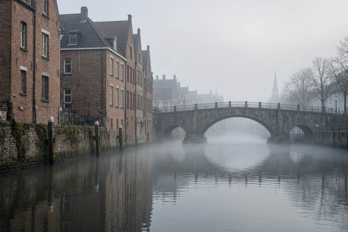 A historic canal and stone bridge in soft morning light