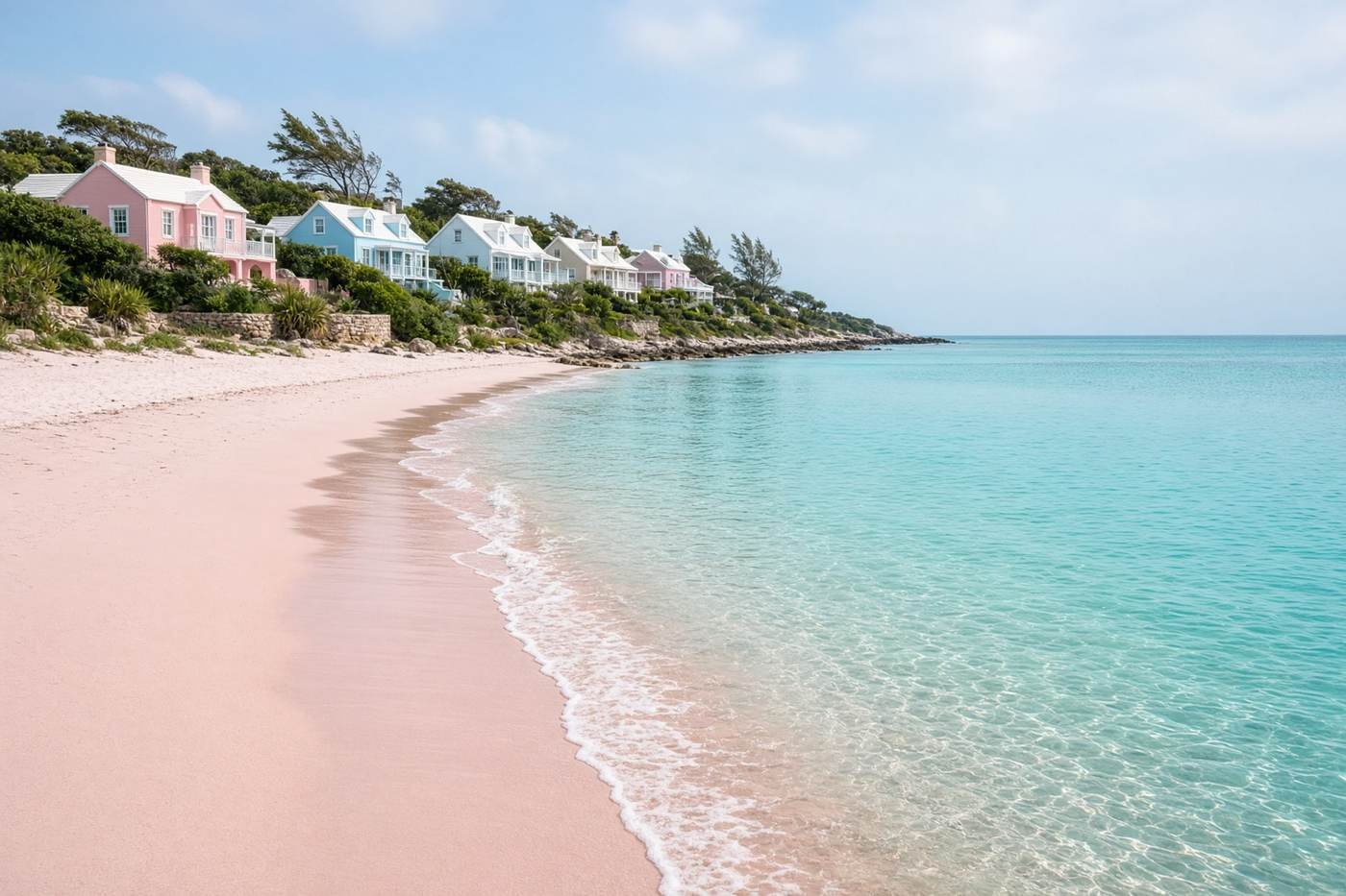 Pastel houses above a pink-sand beach in Bermuda