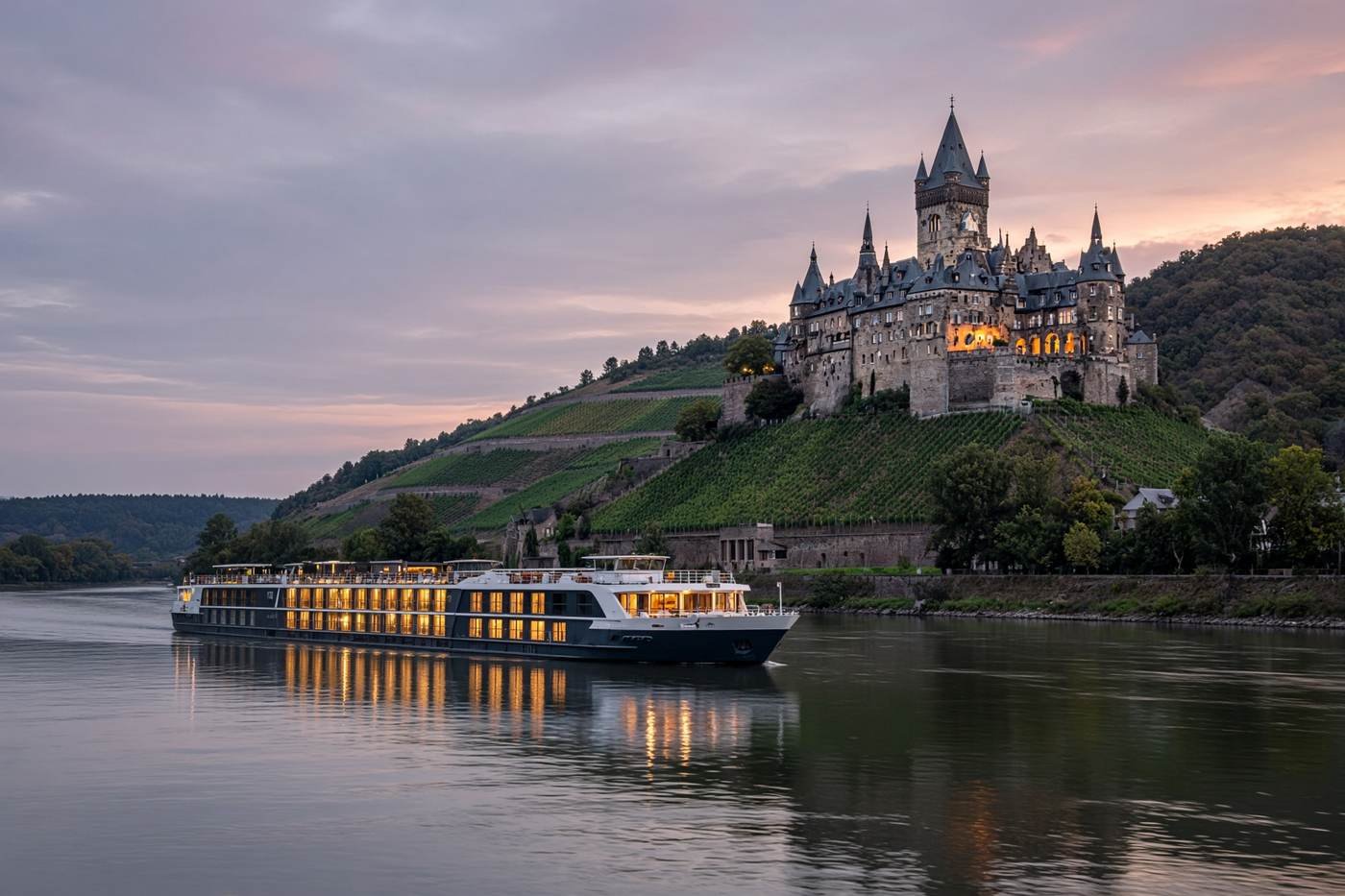 A castle above a river town