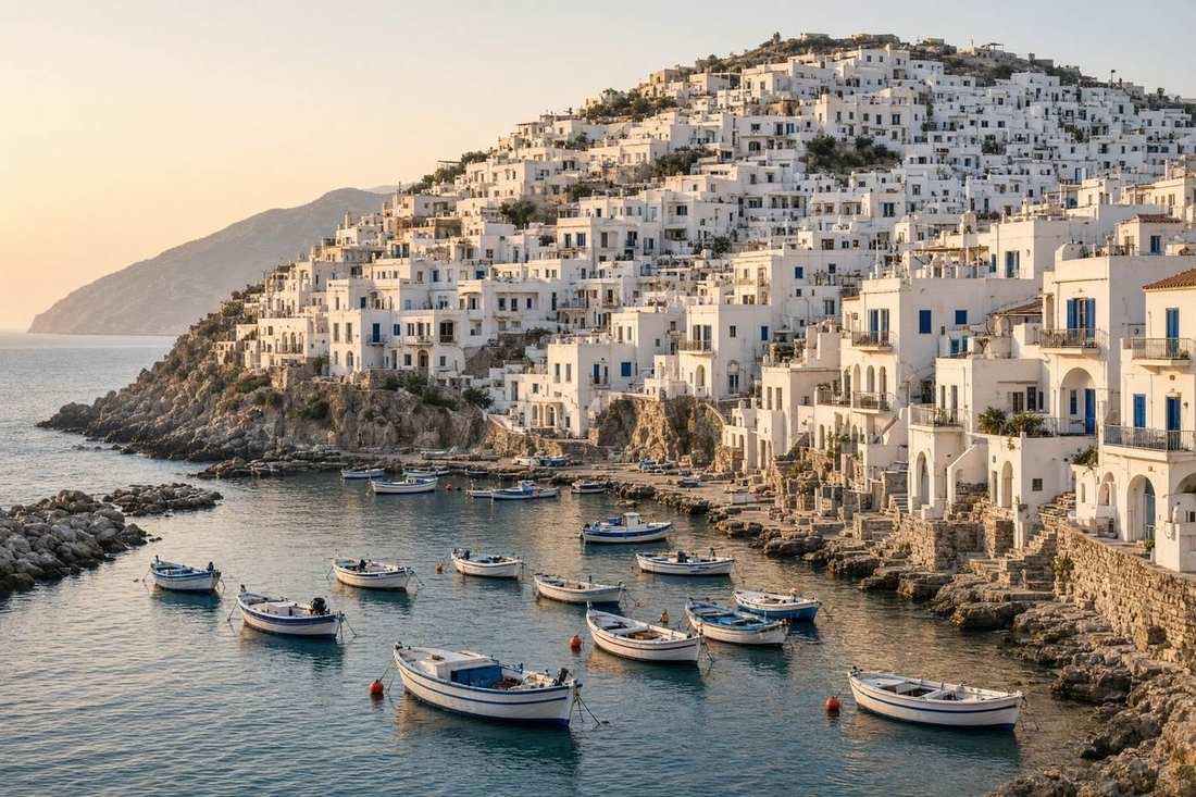 A Mediterranean coast and hillside town