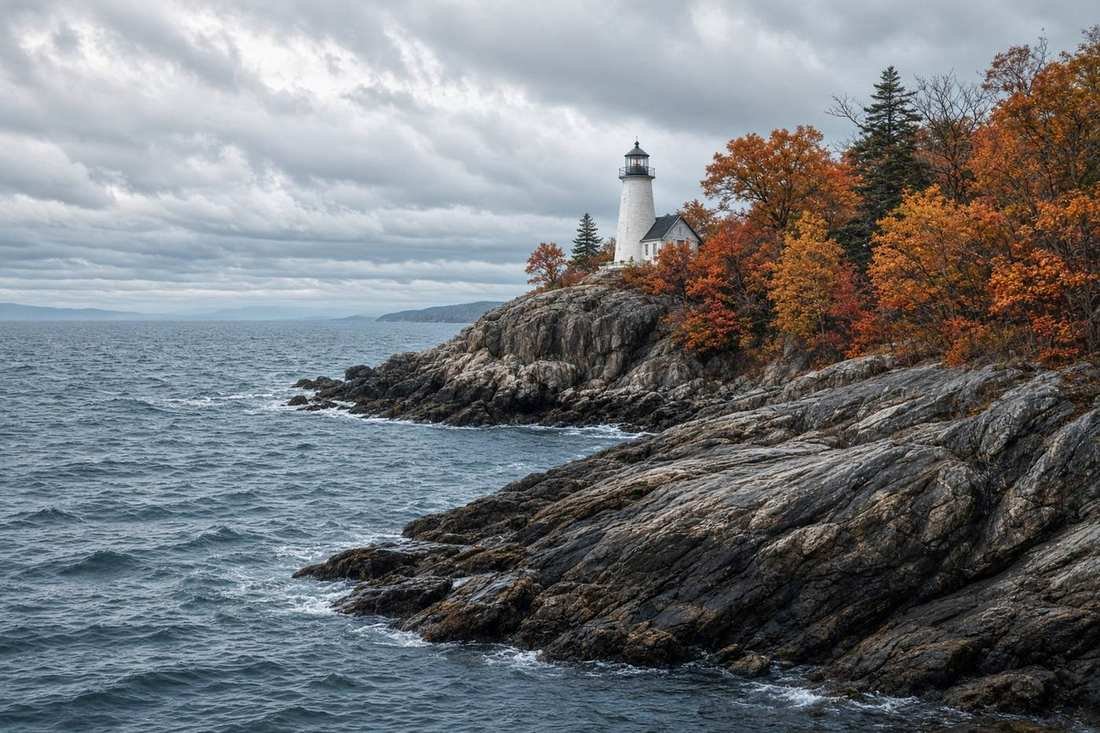 A white lighthouse and autumn trees on a rocky New England point