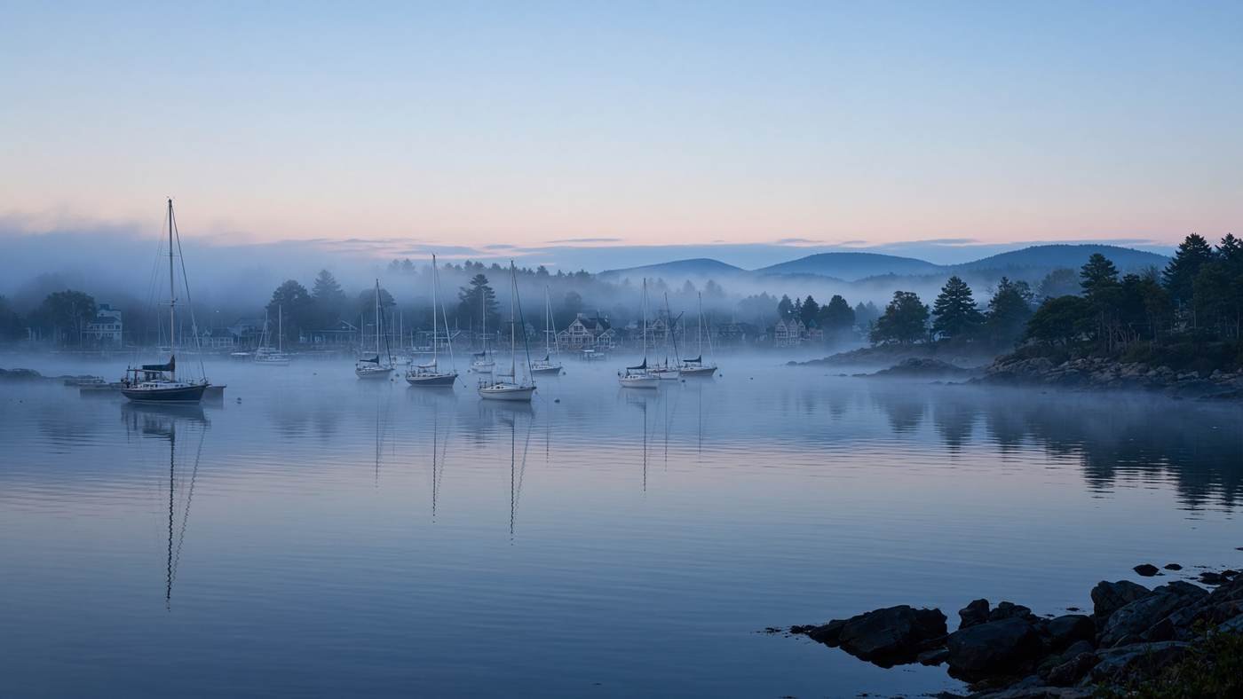 A calm harbor in early light