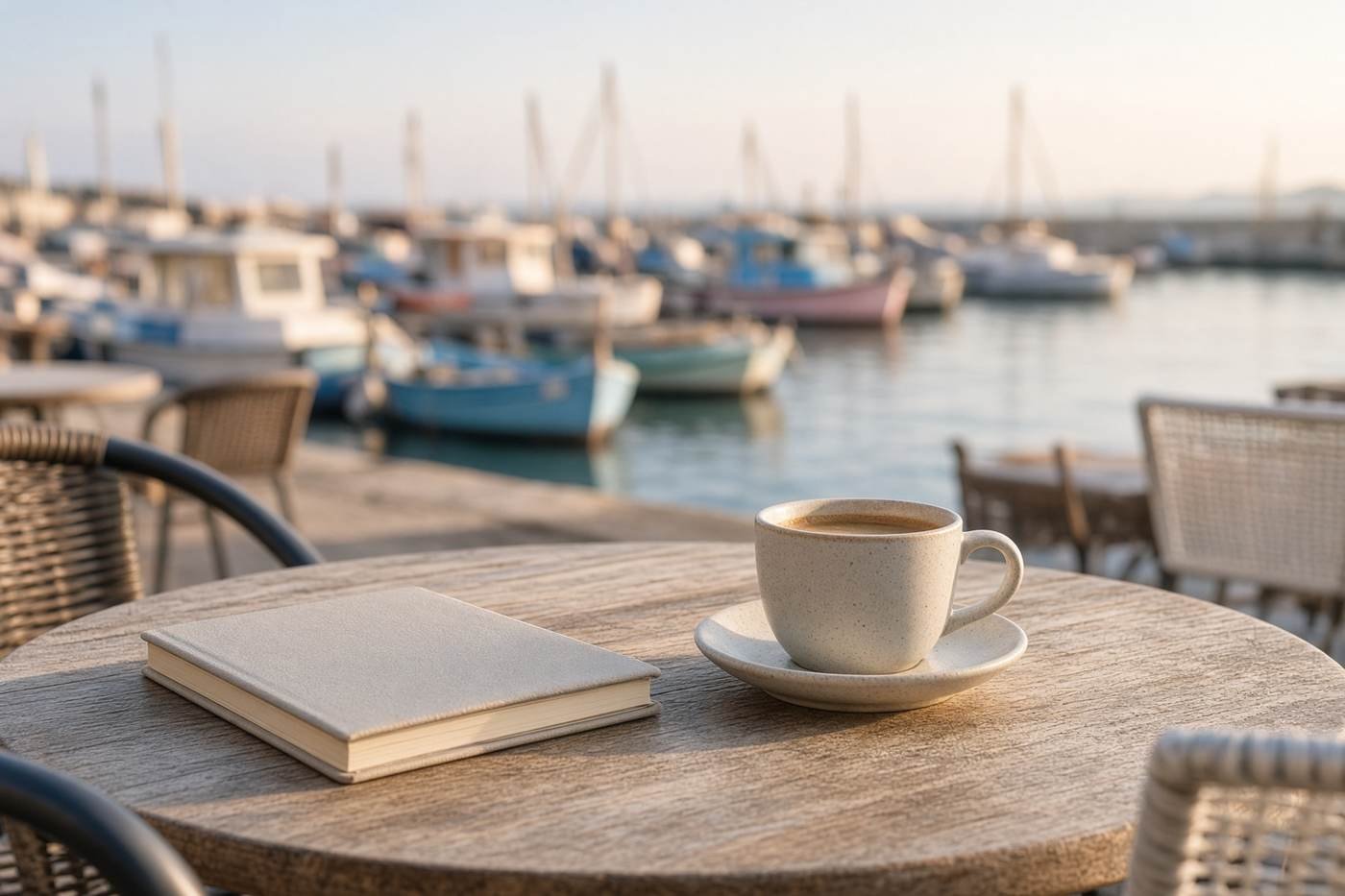 A coffee and a closed notebook on a table above a quiet harbor