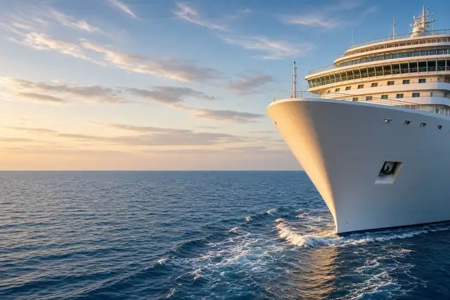 The bow of a white ship in calm water