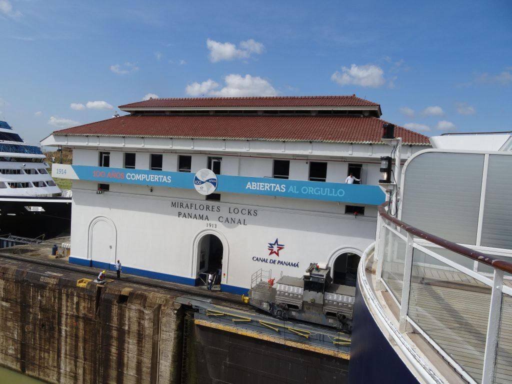 A ship in the Miraflores Locks on the Panama Canal