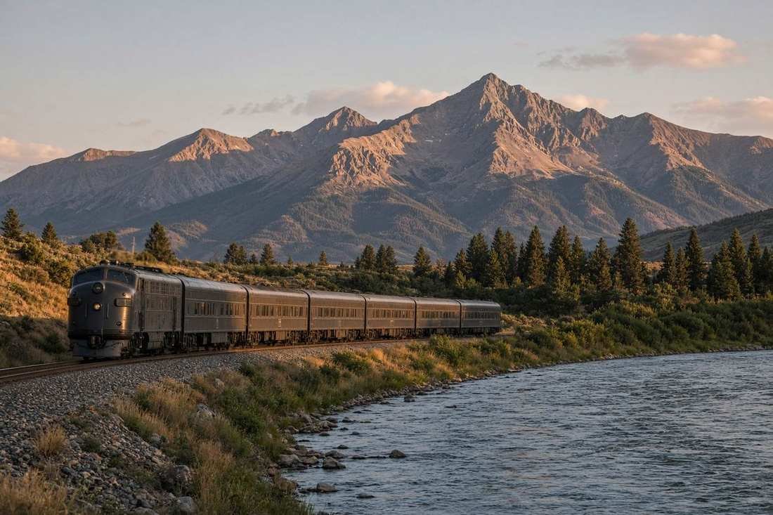 A passenger train beside a western river with mountains behind