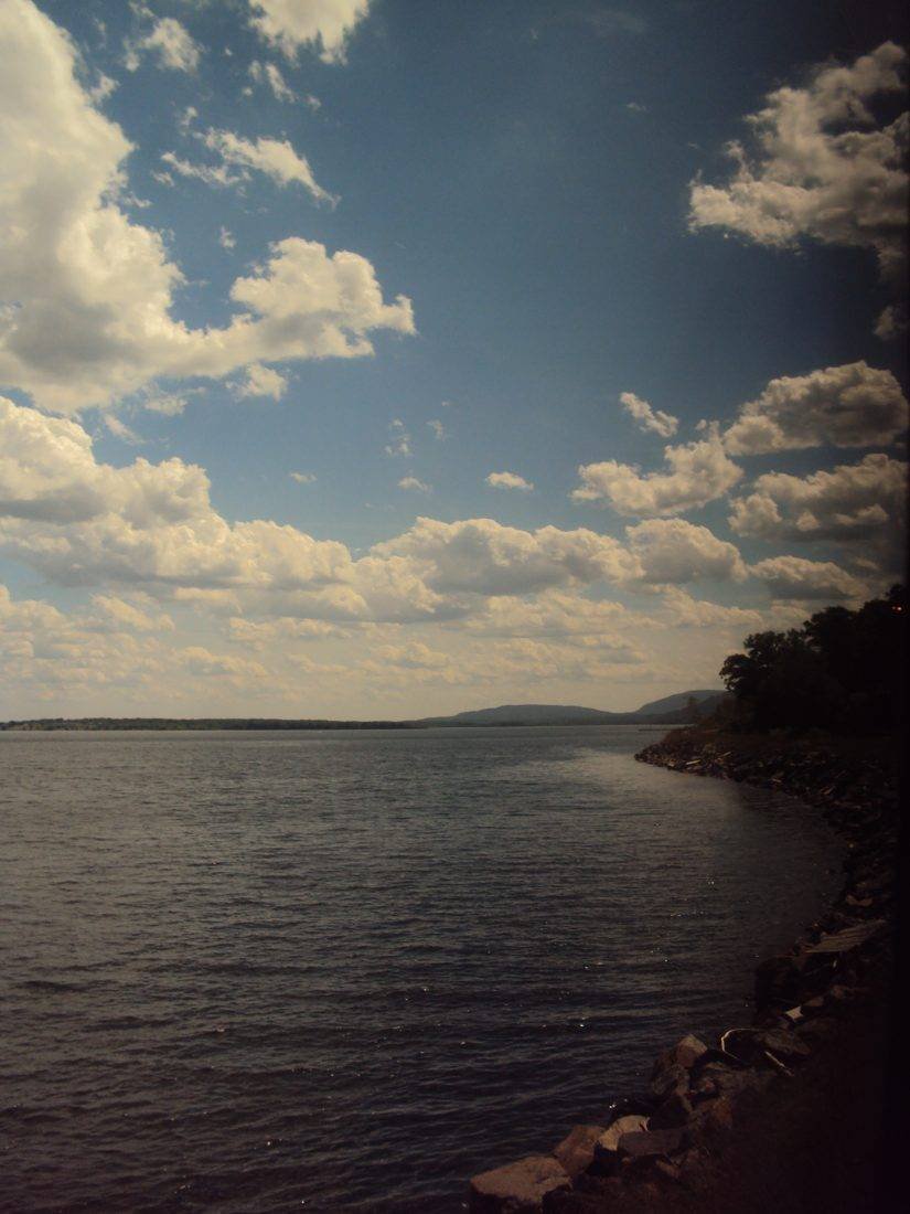 Lake Champlain seen from the Adirondack, with a low ridge on the far shore