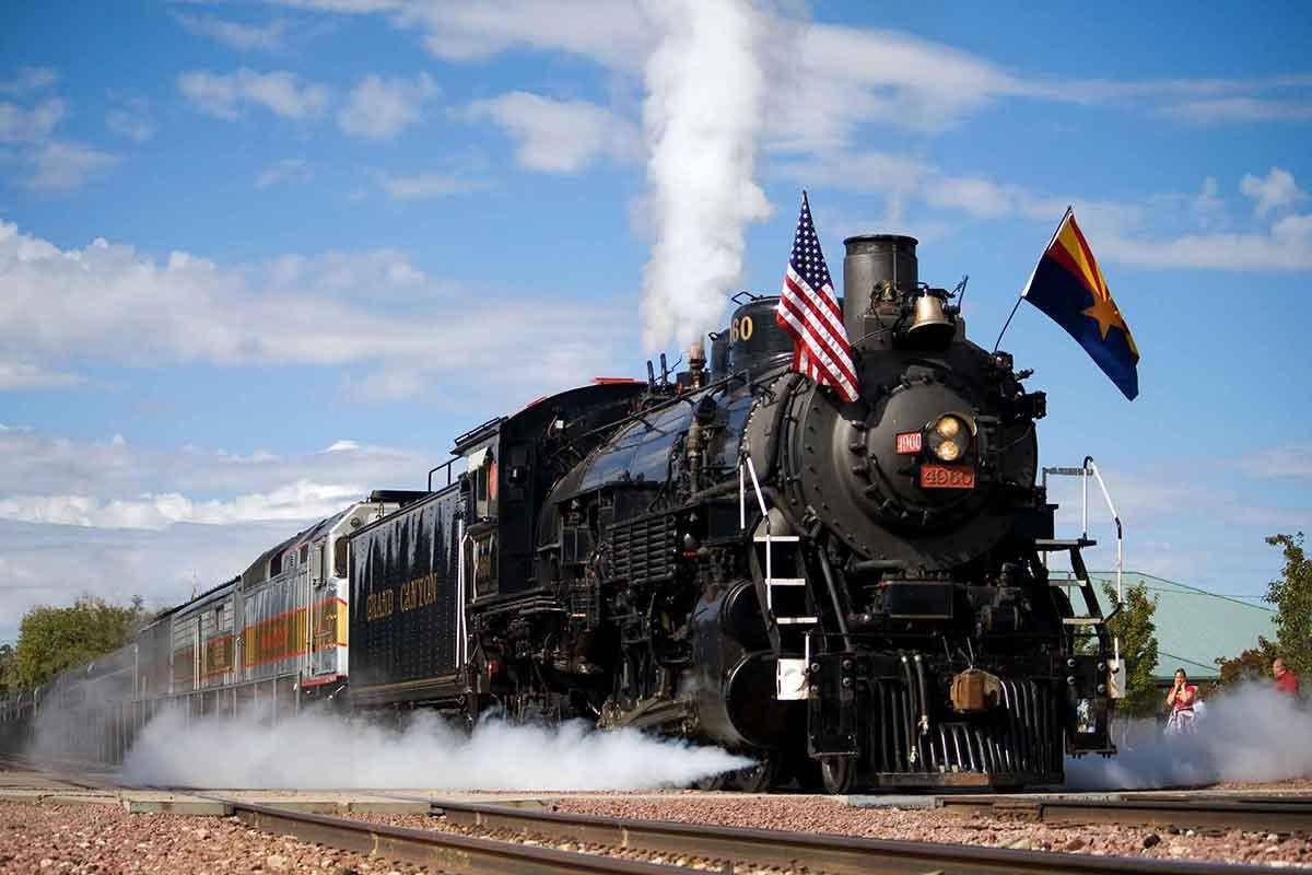 A Grand Canyon Railway steam locomotive at the depot
