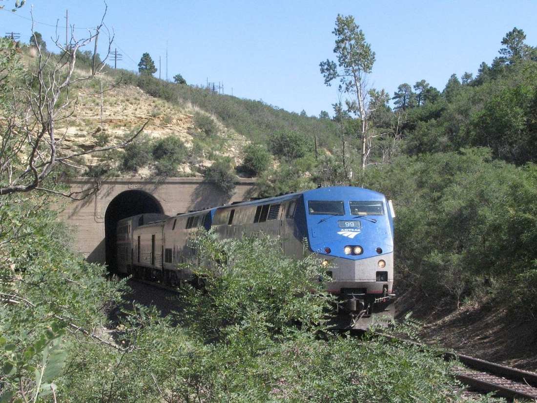 The Southwest Chief leaving a tunnel on Raton Pass
