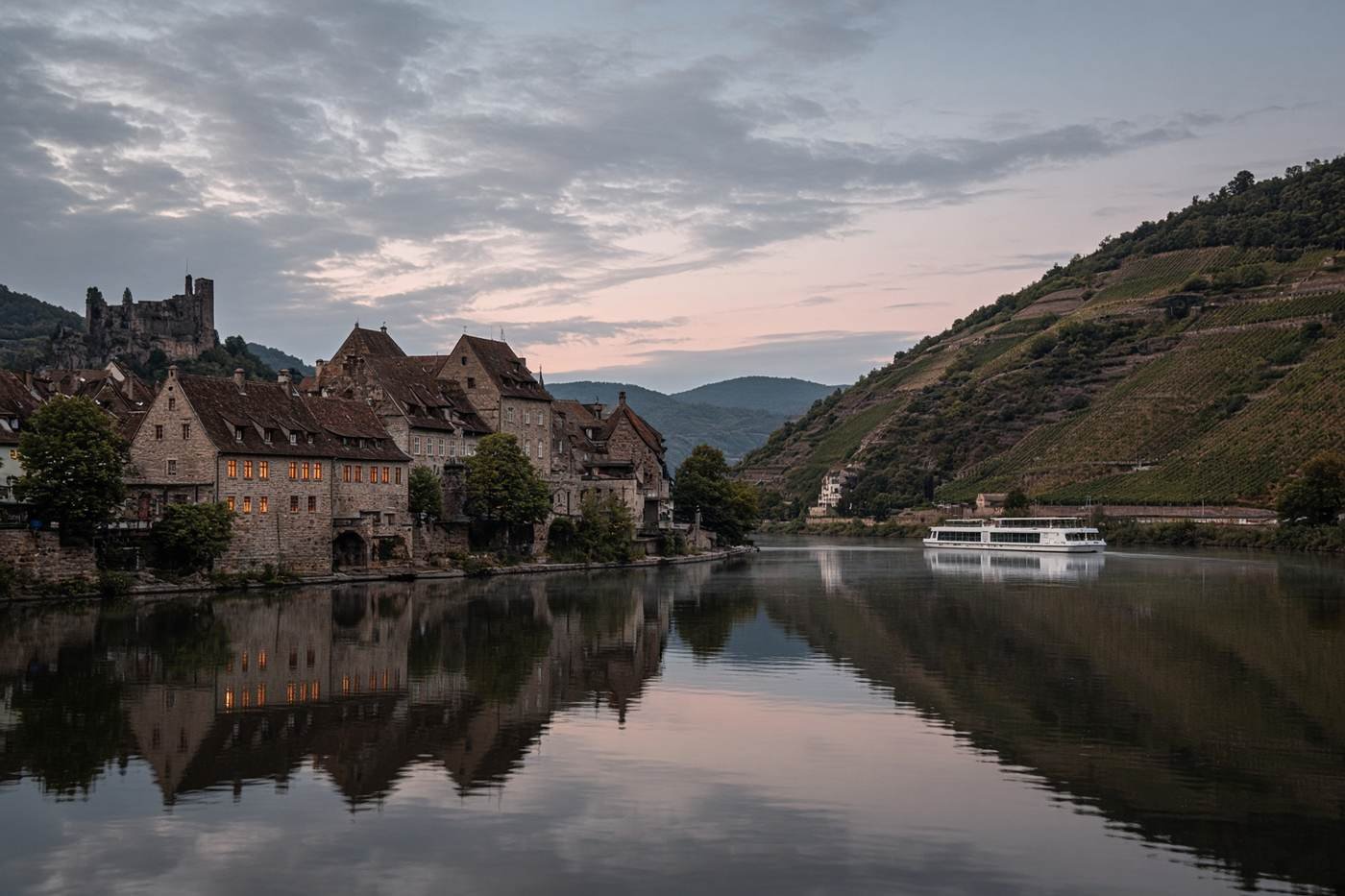 A riverside town and vineyards at dusk