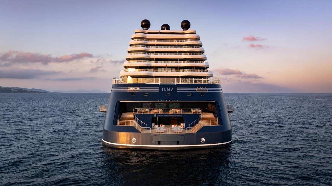 The stern of Ilma, a Ritz-Carlton yacht, with the marina open