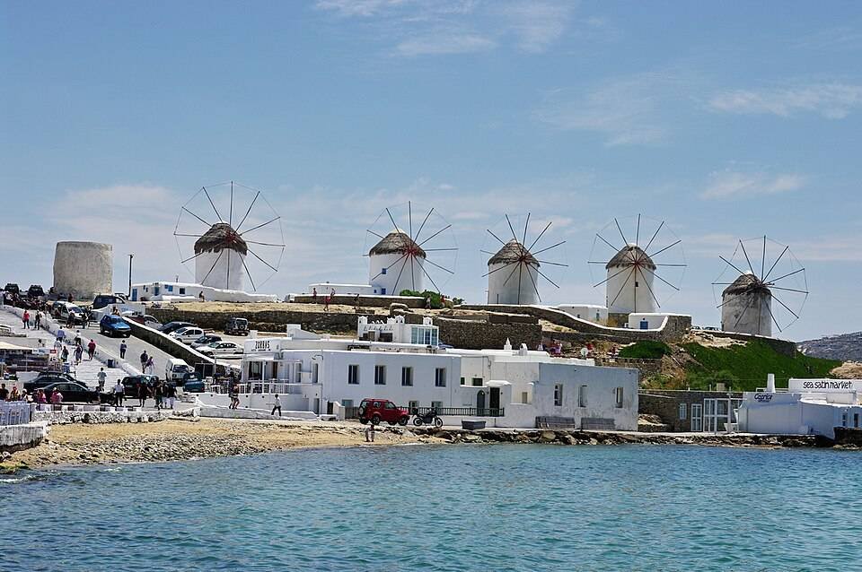 The windmills above the harbor in Mykonos